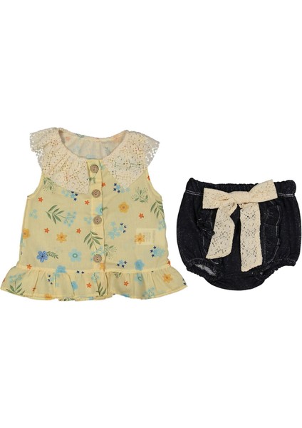 Kız 9/24 Ay Yakası Dantelli Çiçek Baskılı Şortlu Takım
