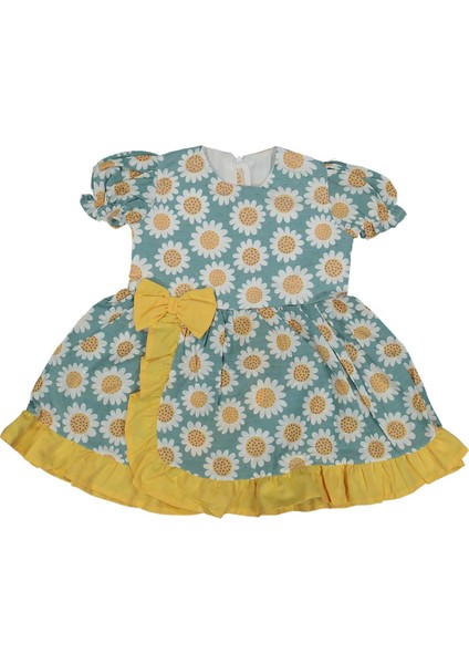 Kız 2/5 Yaş Papatyalı Fiyonklu Fırfırlı Elbise