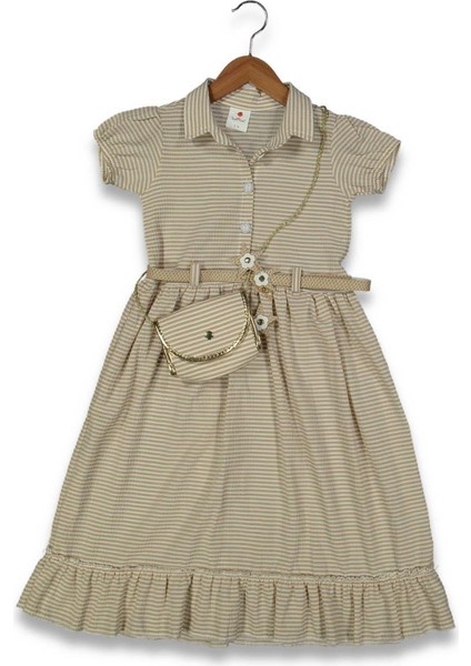 Kız 5/11 Yaş Çizgili Kemerli Çantalı Elbise
