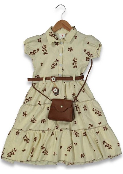 Kız 5/11 Yaş Gömlek Yaka Güllü Çantalı Elbise