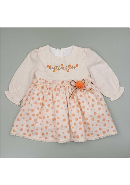 Kız 9/24 Ay Butterfles Nakışlı Keten Elbise