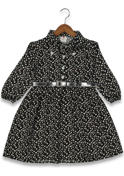 Kız 5/11 Yaş Gömlek Yaka Kemerli Viskon Elbise