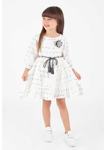 Kız 2/5 Yaş Ponpon Desenli Uzun Kollu Elbise