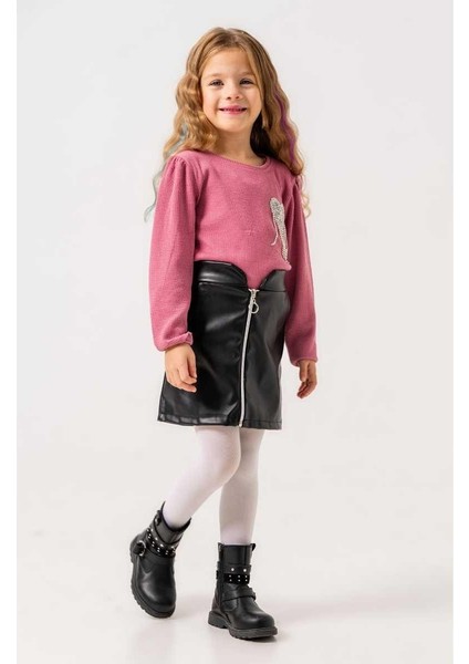 Kız 6/9 Yaş Fermuarlı Deri Etekli Penye Takım