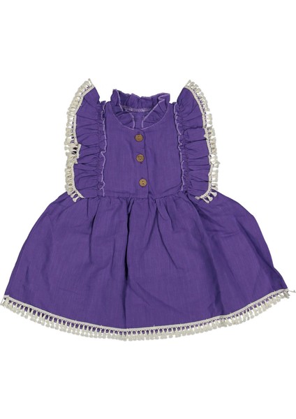 Kız 1/4 Yaş Hakim Yaka Püsküllü Fırfırlı Keten Elbise