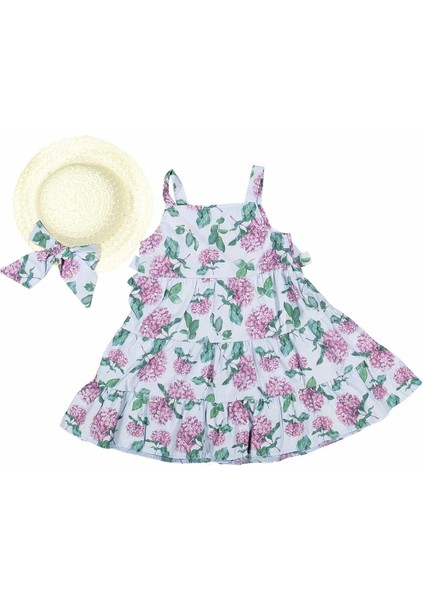 Kız 2/5 Yaş Sümbül Baskılı Askılı Hasır Şapkalı Mommy Elbise