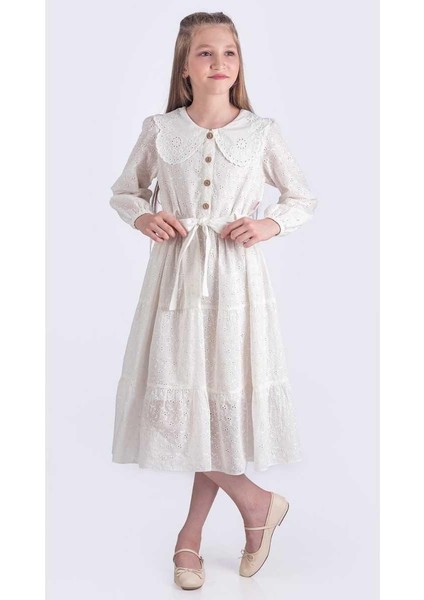 Kız 10/16 Yaş Düğmeli Yakalı Brode Elbise