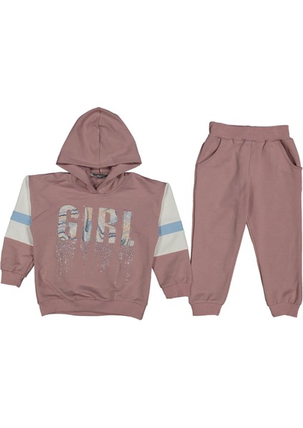 Kız 3/7 Yaş Taşlı Gırl Baskılı Kapşonlu Takım