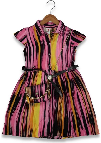 Kız 5/11 Yaş Gökkuşağı Çizgili Çantalı Elbise