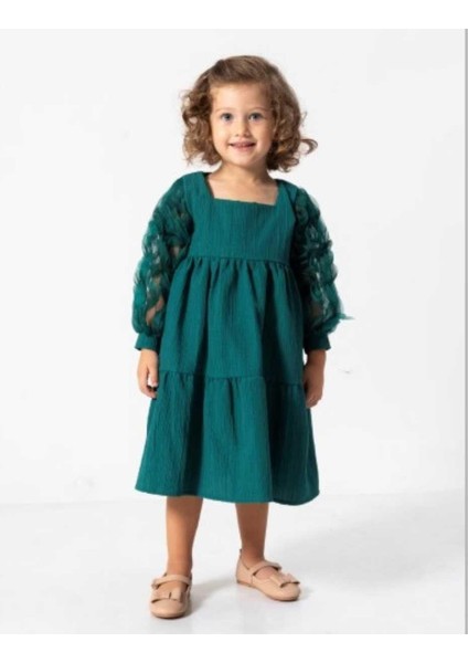 Kız 2/5 Yaş Kol Süzüneli Tüllü Gofre Elbise