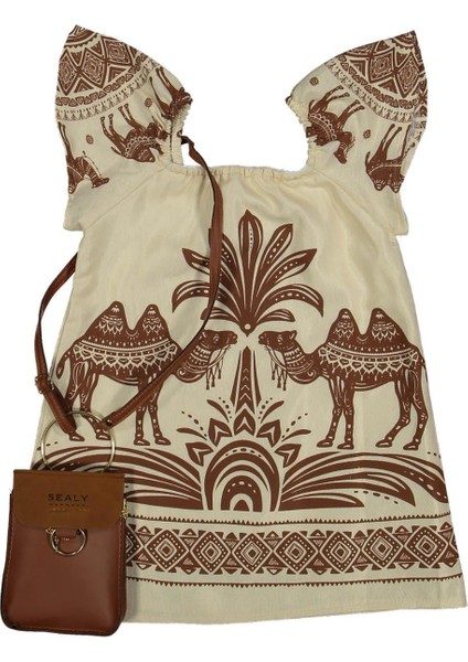 Kız 3/6 Yaş Deve Baskılı Çantalı Elbise