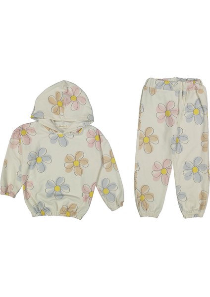Kız 6/9 Yaş Çiçek Baskı Üç Iplik Kapşonlu Takım