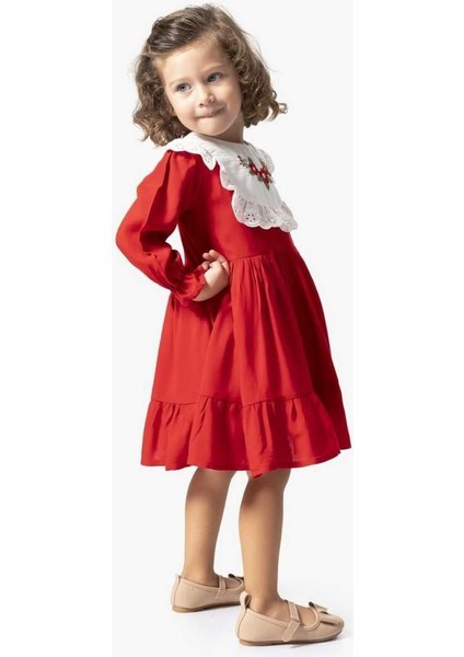 Kız 2/5 Yaş Çiçek Nakışlı Fisto Yaka Empirme Elbis