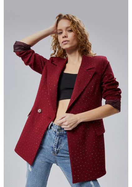 Kadın Regular Dokuma Astarlı Taş Detaylı Blazer Ceket