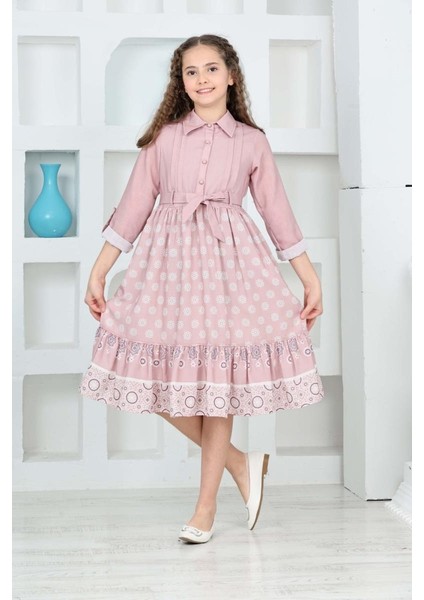 Kız 9/12 Yaş Gömlek Yakalı Etek Baskılı Elbise