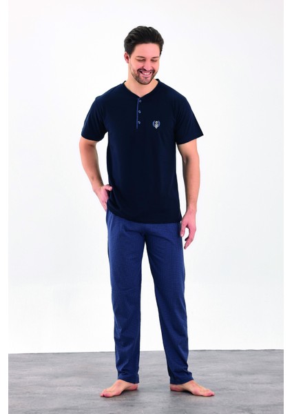 Erkek Yazlık Desenli Kısa Kollu Düğmeli Penye Pijama Takımı