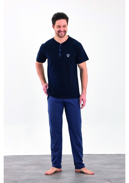 Erkek Yazlık Desenli Kısa Kollu Düğmeli Penye Pijama Takımı