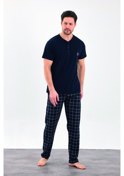 Erkek Yazlık Kareli Kısa Kollu Düğmeli Penye Pijama Takımı
