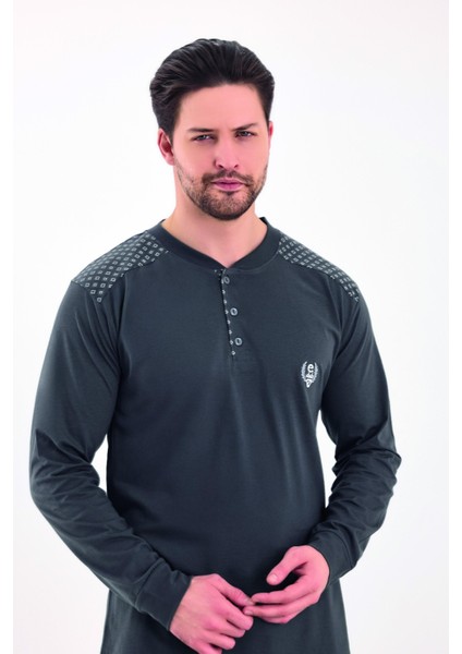 Erkek Yazlık Desenli Uzun Kollu Düğmeli Penye Pijama Takımı