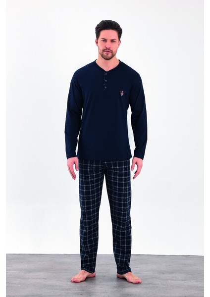 Erkek Yazlık Kareli Uzun Kollu Düğmeli Penye Pijama Takımı
