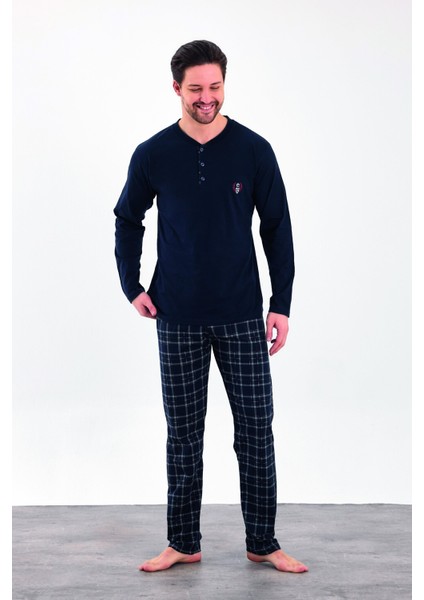 Erkek Yazlık Kareli Uzun Kollu Düğmeli Penye Pijama Takımı