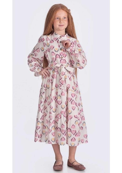 Kız 10/16 Yaş Düğmeli Baskılı Elbise