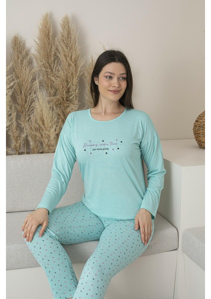 Kadın Yazlık Puantiyeli Uzun Kollu Viskon Pijama Takımı