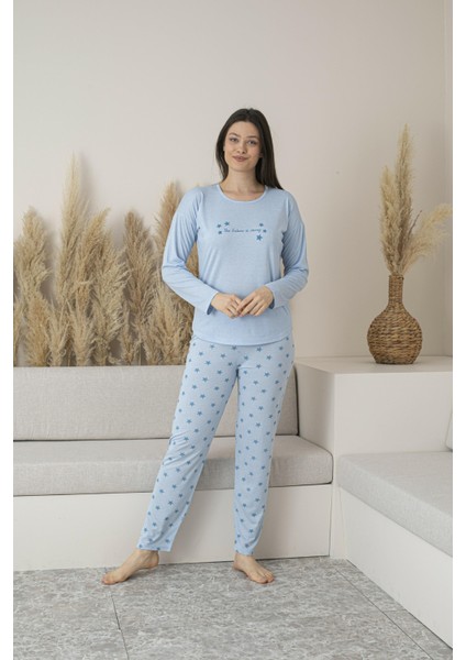 Kadın Yazlık Yıldız Desenli Uzun Kollu Viskon Pijama Takımı