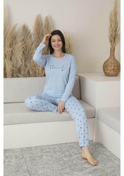 Kadın Yazlık Yıldız Desenli Uzun Kollu Viskon Pijama Takımı