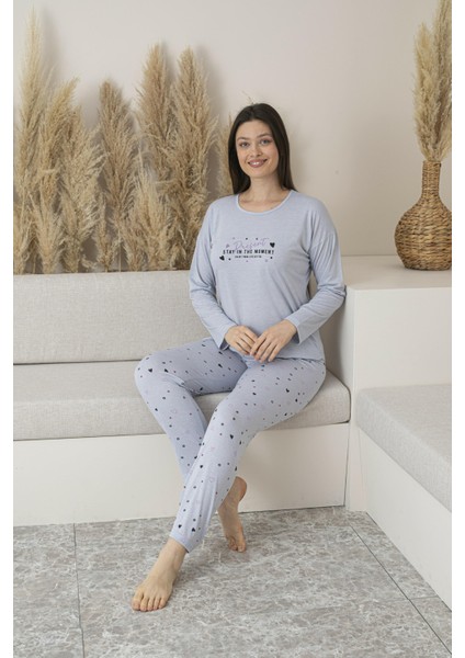 Kadın Yazlık Kalp Desenli Uzun Kollu Viskon Pijama Takımı