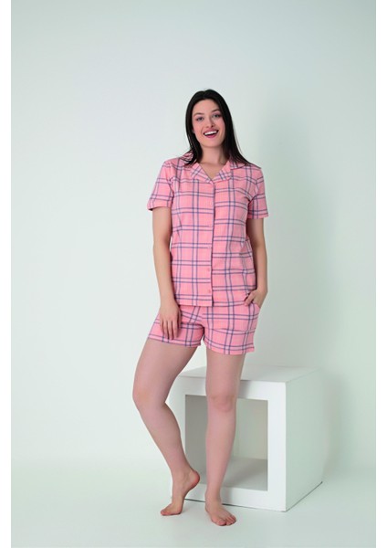 Kadın Yazlık Kareli Önden Düğmeli Şortlu Penye Lycra Pijama Takımı - Pembe