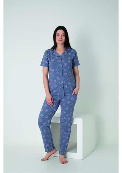 Kadın Yazlık Kalpli Önden Düğmeli Kısa Kollu Penye Lycra Pijama Takımı