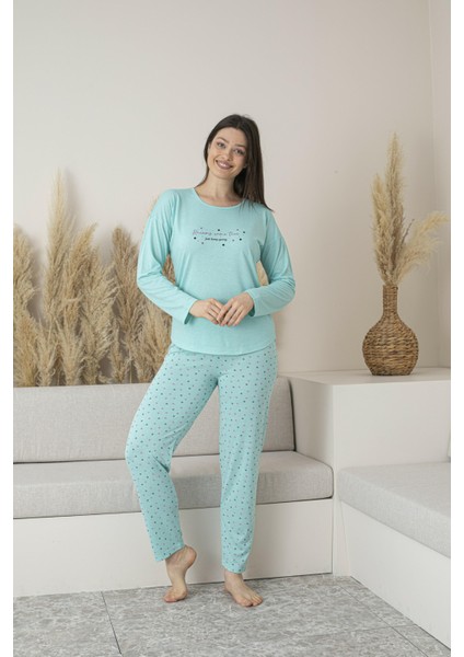 Kadın Yazlık Puantiyeli Uzun Kollu Viskon Pijama Takımı