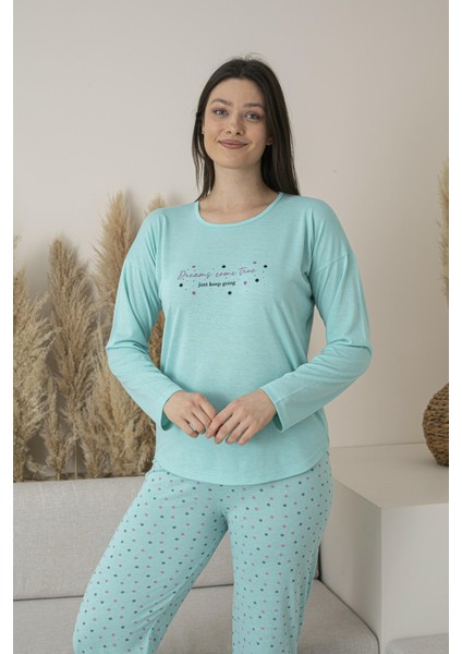 Kadın Yazlık Puantiyeli Uzun Kollu Viskon Pijama Takımı