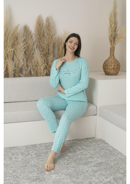 Kadın Yazlık Puantiyeli Uzun Kollu Viskon Pijama Takımı