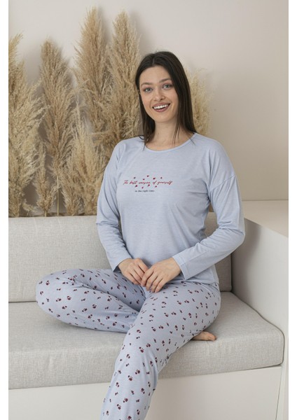 Kadın Yazlık Desenli Uzun Kollu Viskon Pijama Takımı
