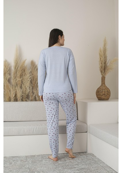 Kadın Yazlık Desenli Uzun Kollu Viskon Pijama Takımı