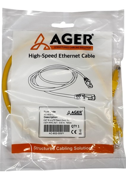 AC-602-005 50CM Utp Cat6 Patch Kablo Sarı Cu, Lszh Awg 26/7