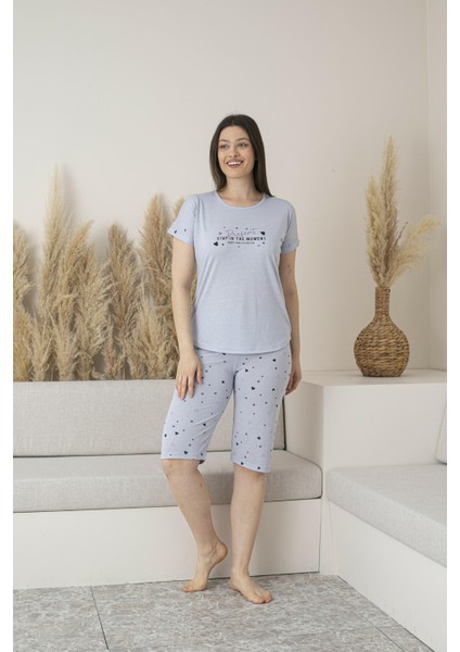 Kadın Yazlık Kalp Desenli Kısa Kollu Kaprili Viskon Pijama Takımı
