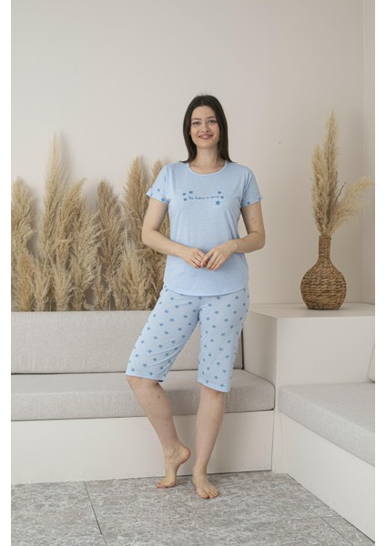 Kadın Yazlık Yıldız Desenli Kısa Kollu Kaprili Viskon Pijama Takımı