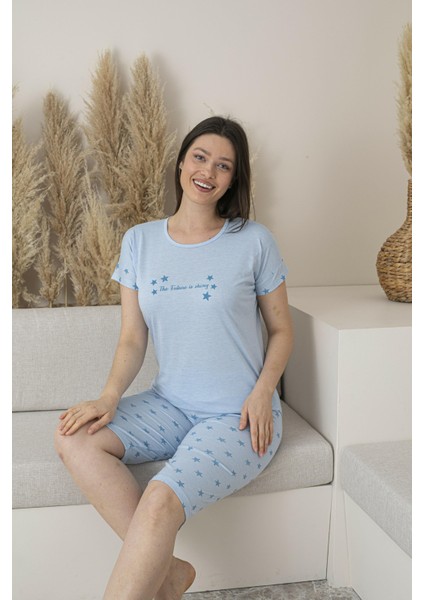 Kadın Yazlık Yıldız Desenli Kısa Kollu Kaprili Viskon Pijama Takımı
