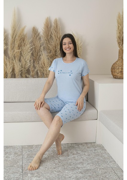 Kadın Yazlık Yıldız Desenli Kısa Kollu Kaprili Viskon Pijama Takımı
