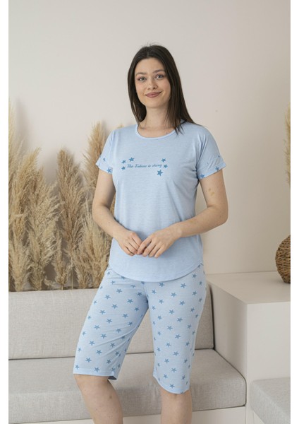 Kadın Yazlık Yıldız Desenli Kısa Kollu Kaprili Viskon Pijama Takımı