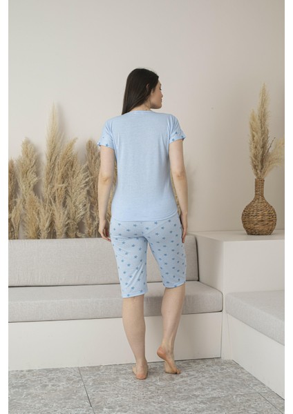 Kadın Yazlık Yıldız Desenli Kısa Kollu Kaprili Viskon Pijama Takımı