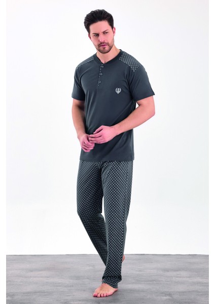 Erkek Yazlık Desenli Kısa Kollu Düğmeli Penye Pijama Takımı