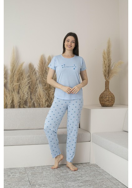 Kadın Yazlık Yıldız Desenli Kısa Kollu Viskon Pijama Takımı
