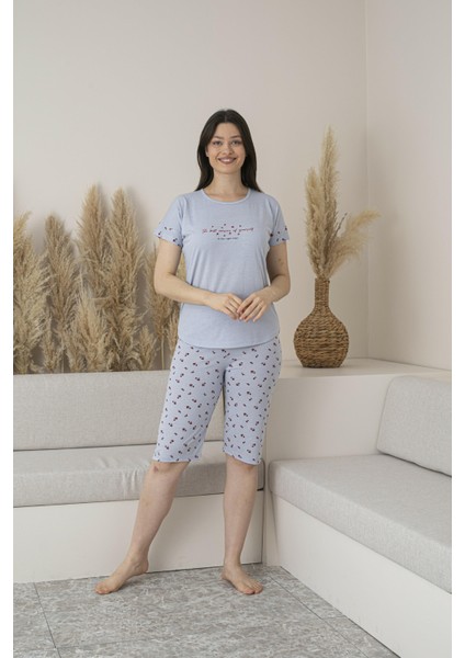 Kadın Yazlık Desenli Kısa Kollu Kaprili Viskon Pijama Takımı
