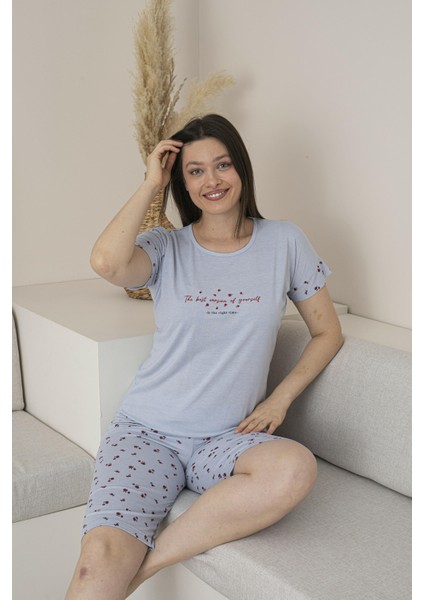Kadın Yazlık Desenli Kısa Kollu Kaprili Viskon Pijama Takımı