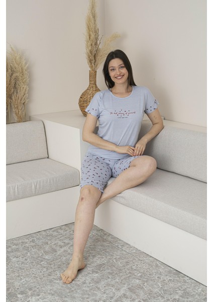Kadın Yazlık Desenli Kısa Kollu Kaprili Viskon Pijama Takımı