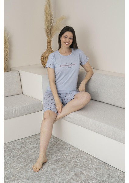 Kadın Yazlık Desenli Kısa Kollu Kaprili Viskon Pijama Takımı